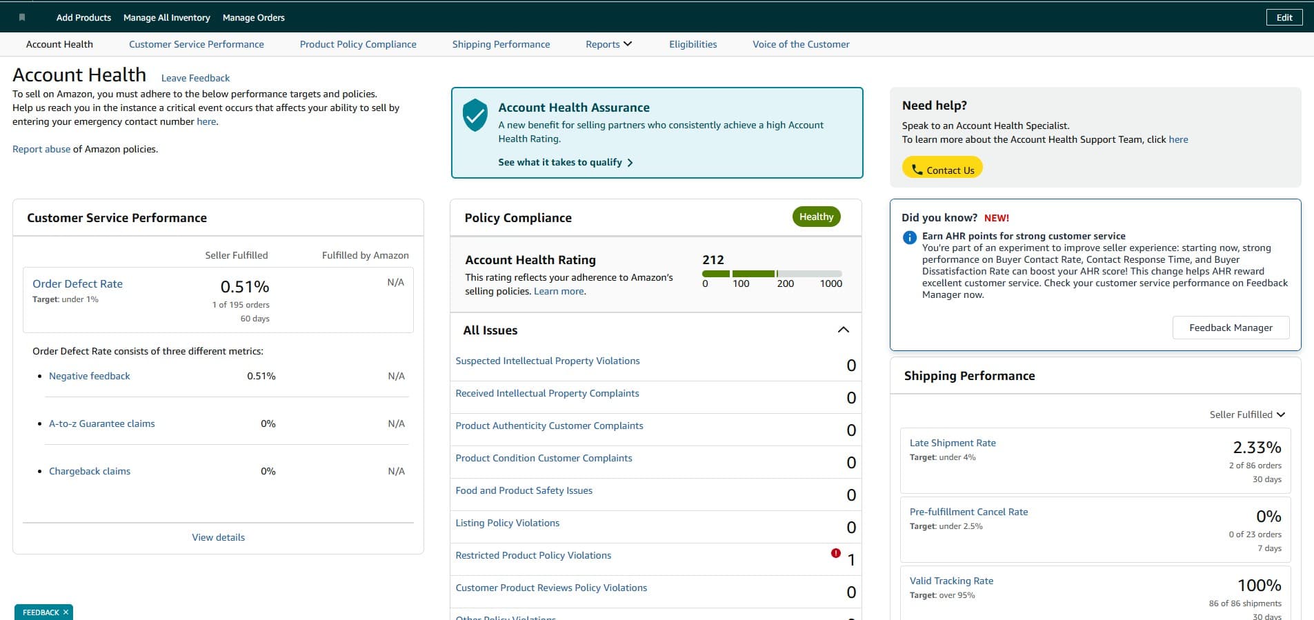 Account health rating after Ecomilix took the account on