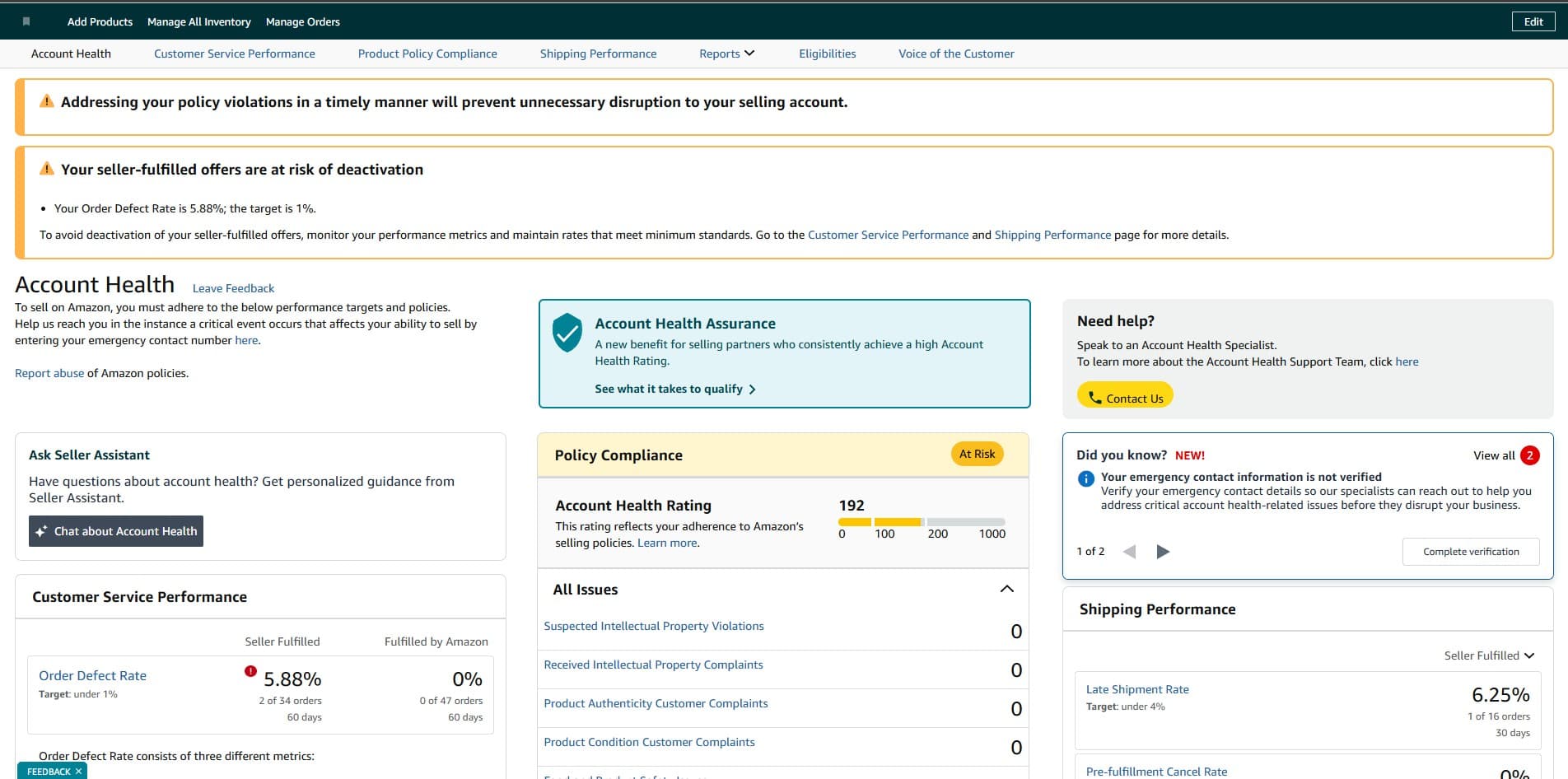 Account health rating before Ecomilix took the account on