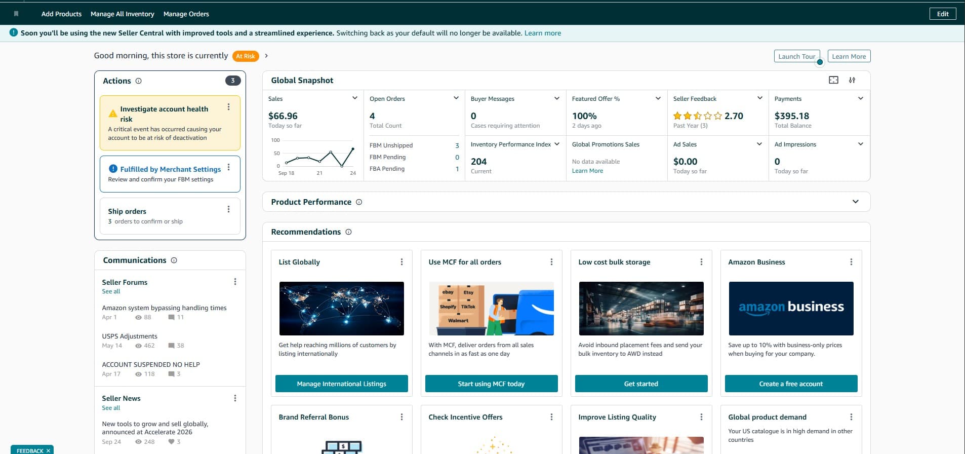 Account health before Ecomilix took the account on